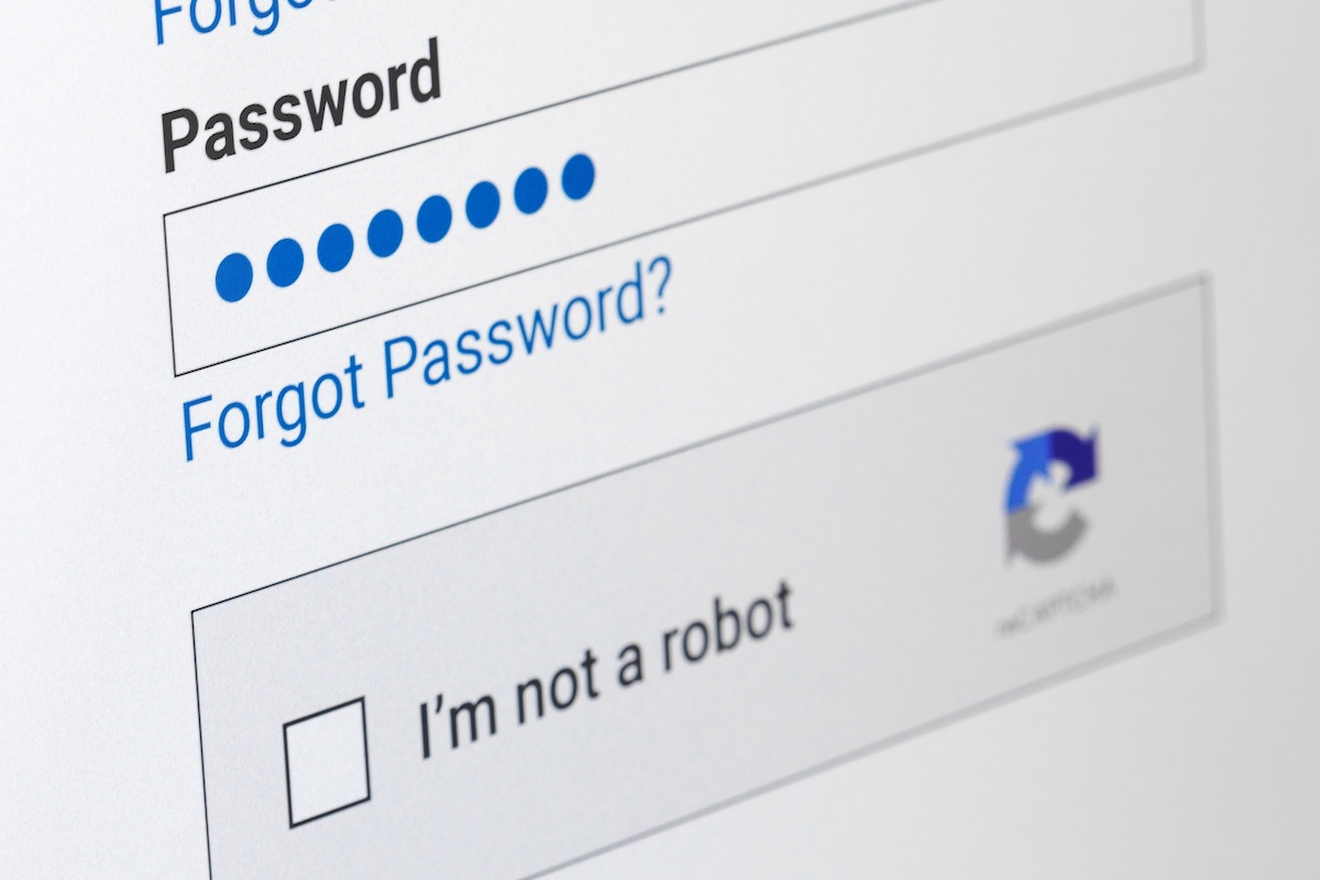Site page, password text on this page, password field, password characters in the form of dots, text forgot password, I'm not a robot verification. Photo of a computer screen, selective focus.
