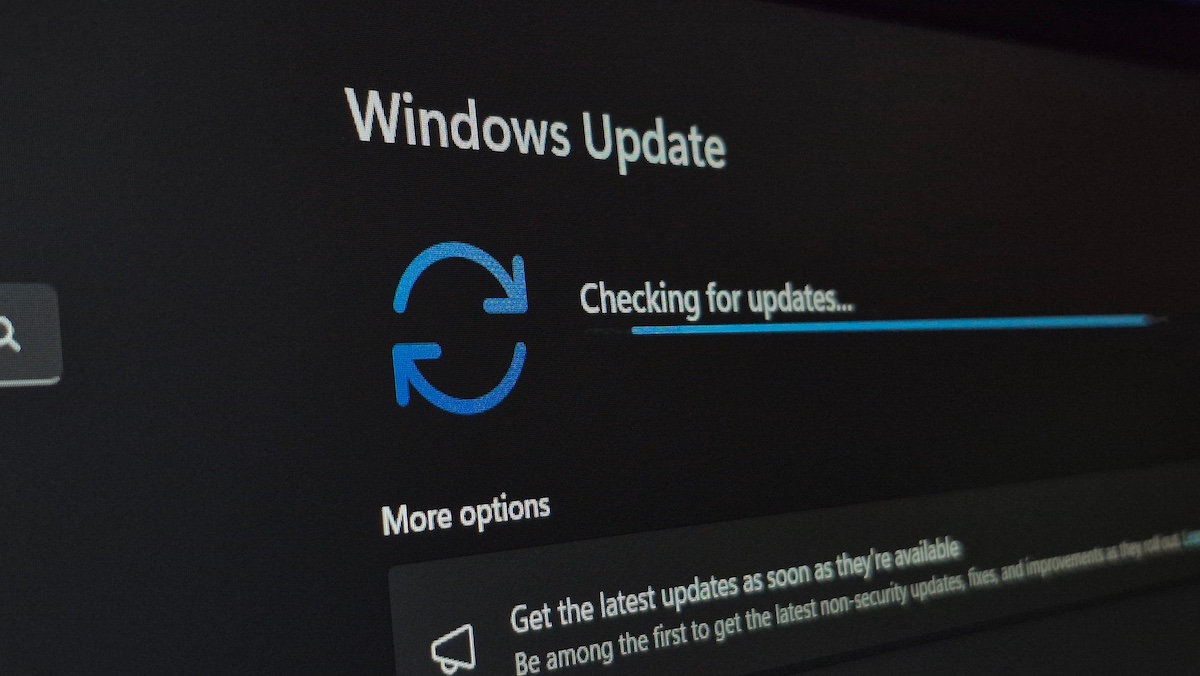 Close up image of Windows update Screen on a windows 11 device checking for latest updates. Cyber space and Cyber security concept. security, performance and bug fix